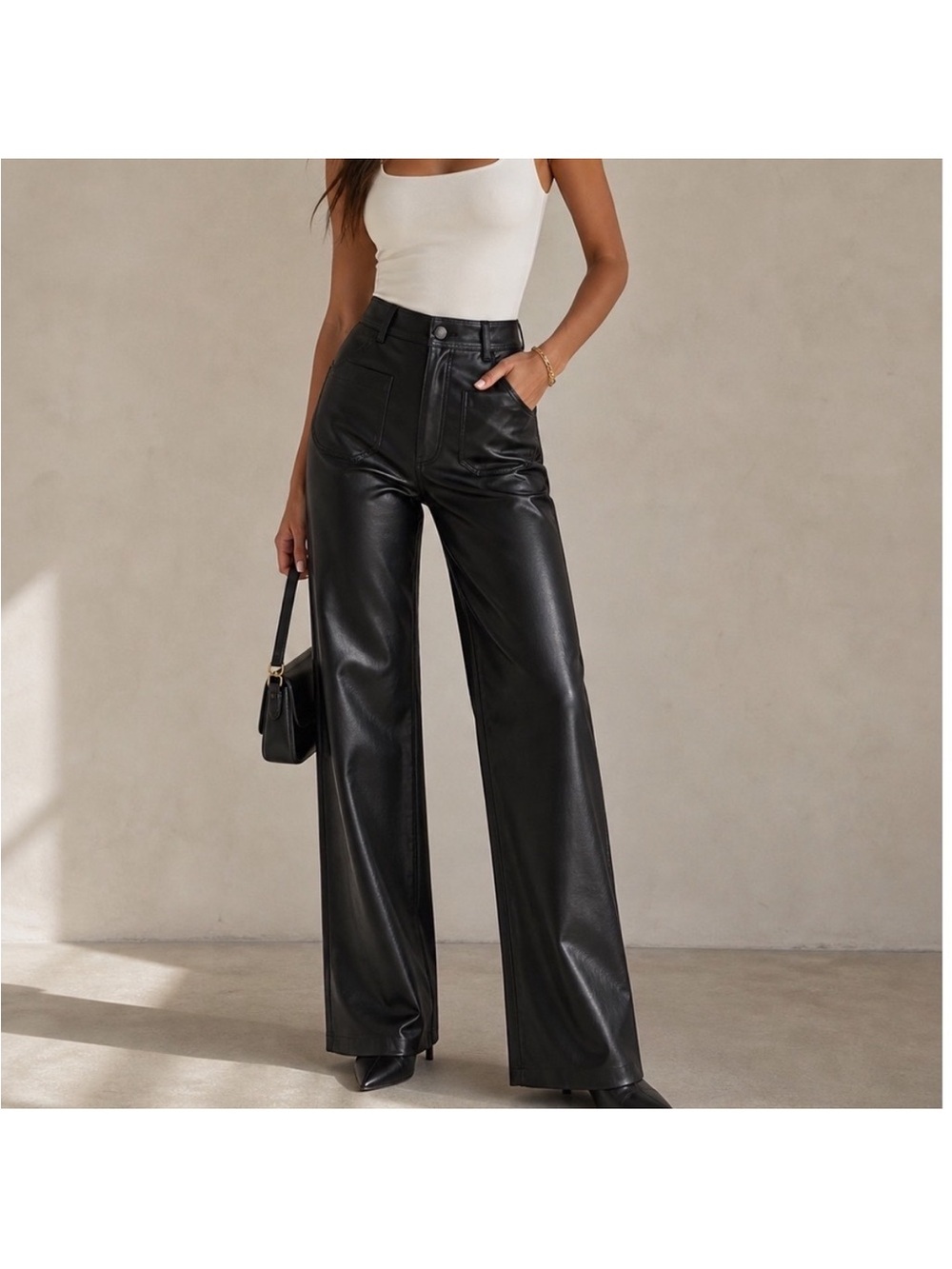 Zara High Waisted Faux Leather Wide-Leg Pants - Black